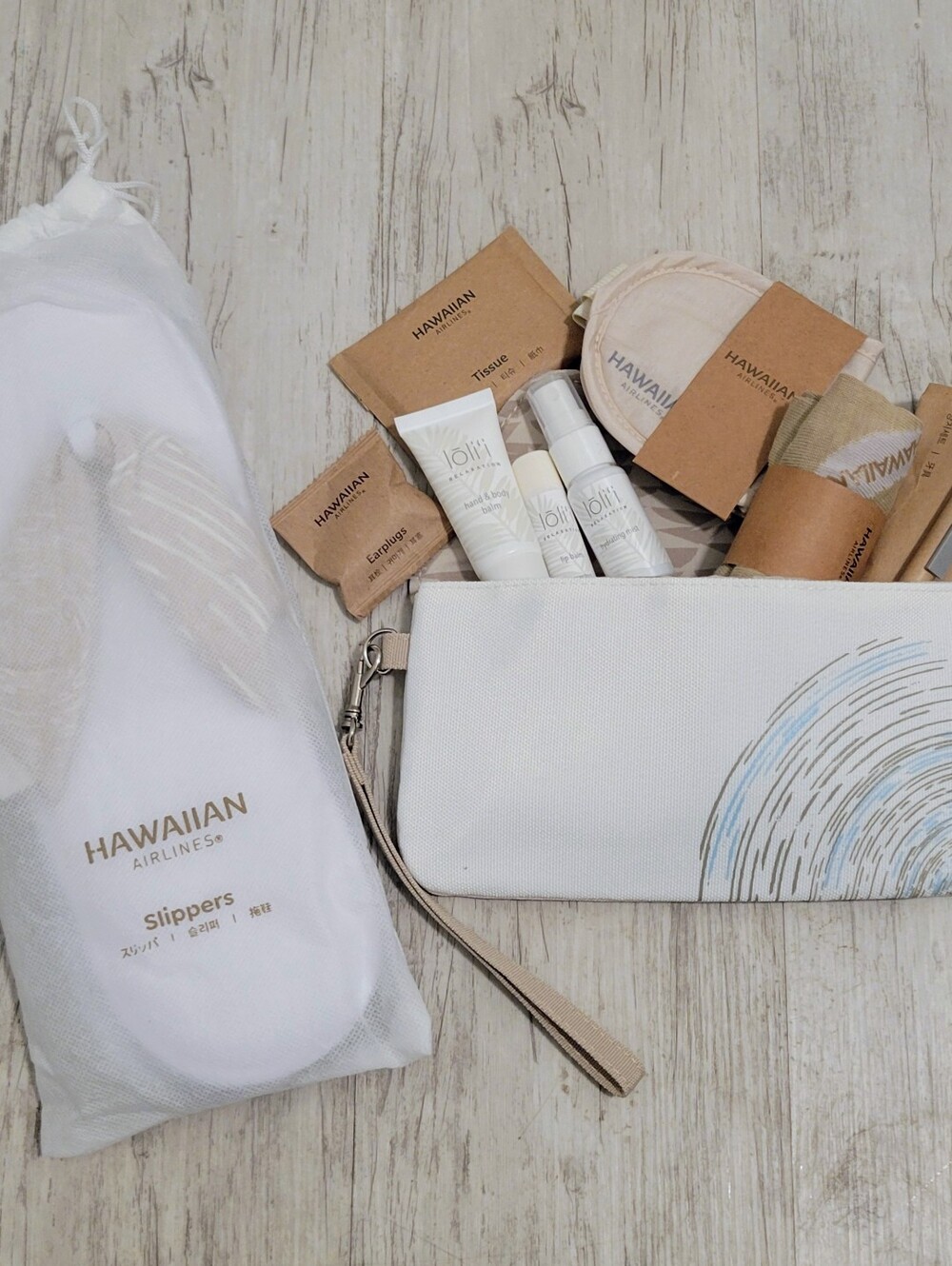 Hawaiian Airlines Business First Class Int'l Amenity Kit Travel Pouch + Slippers
